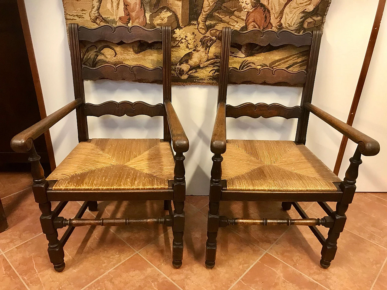 Pair of armchairs carved in oak wood with original intertwined straw sitting, Louis XIII style, 19th century 1223254