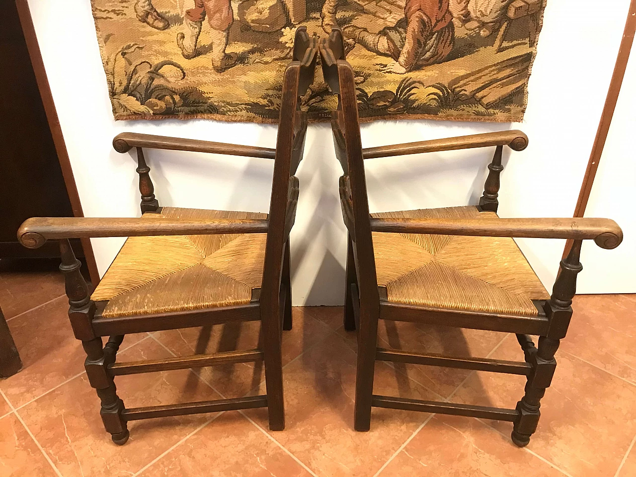 Pair of armchairs carved in oak wood with original intertwined straw sitting, Louis XIII style, 19th century 1223255