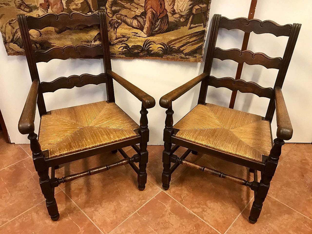 Pair of armchairs carved in oak wood with original intertwined straw sitting, Louis XIII style, 19th century 1223258