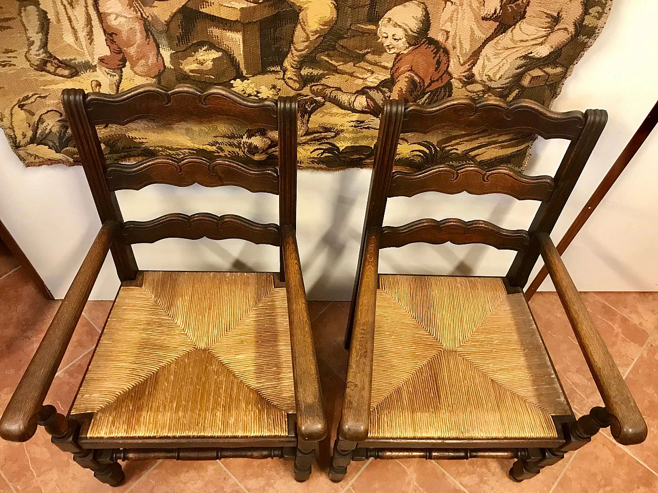 Pair of armchairs carved in oak wood with original intertwined straw sitting, Louis XIII style, 19th century 1223259