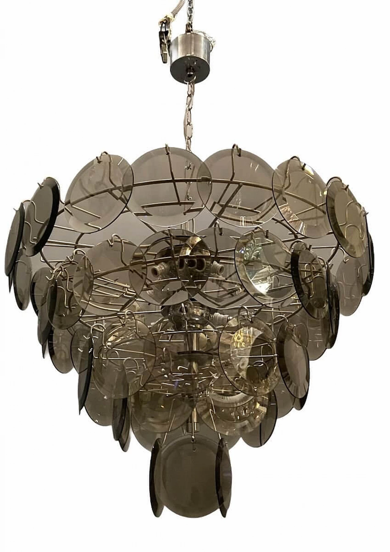 Disc chandelier in smoky gray glass, 70s 1223331
