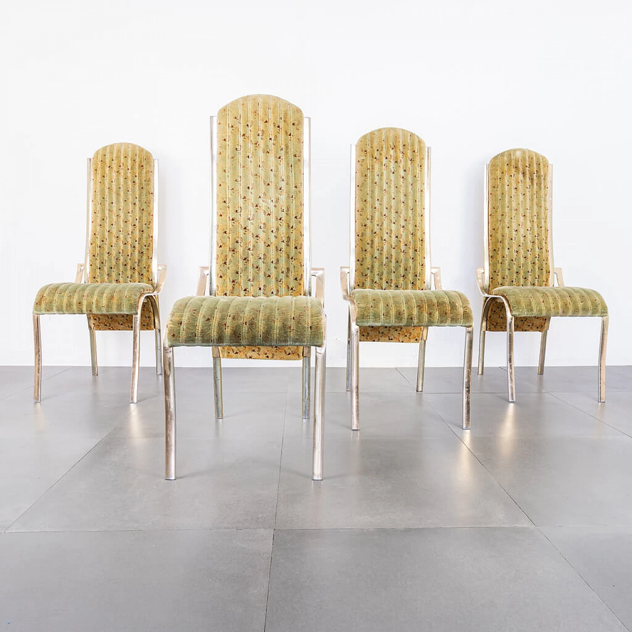 Set 4 curved chairs in golden Metal and Alcantara fabric, 70s 1223473