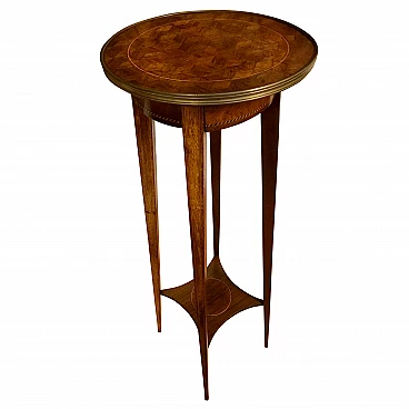 Napoleon III era plant holder or small standing table in mahogany slab with inlay cubes, fillets and bronzes, original end of the 19th century