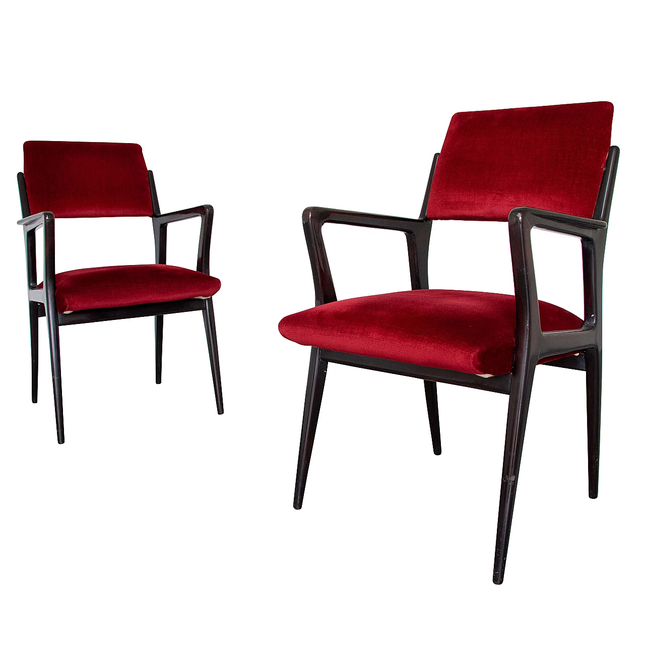 Pair of armchairs in wood and red velvet, 1950s 1224138