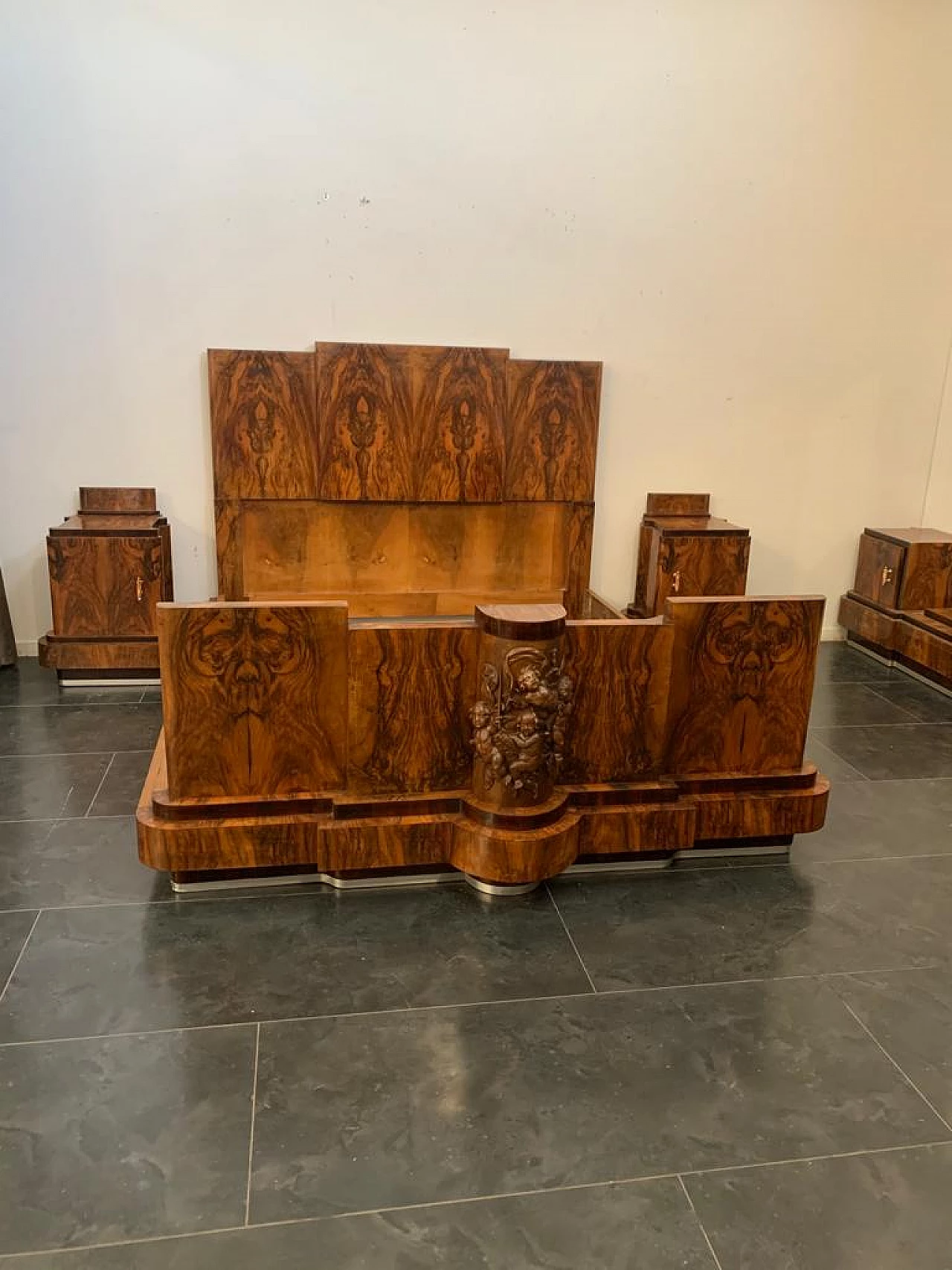 Art Deco walnut bed, nightstands, vanity table, closet and dresser by Ducrot, 1920s 1224392