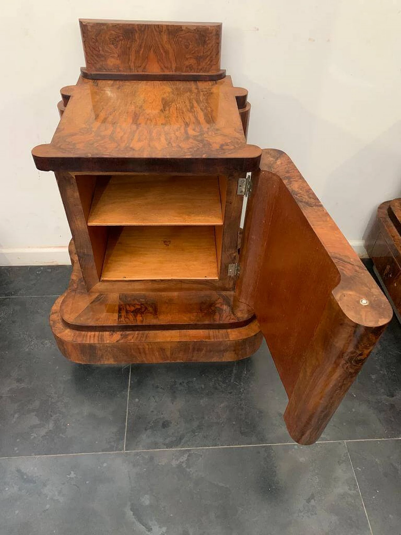 Art Deco walnut bed, nightstands, vanity table, closet and dresser by Ducrot, 1920s 1224395