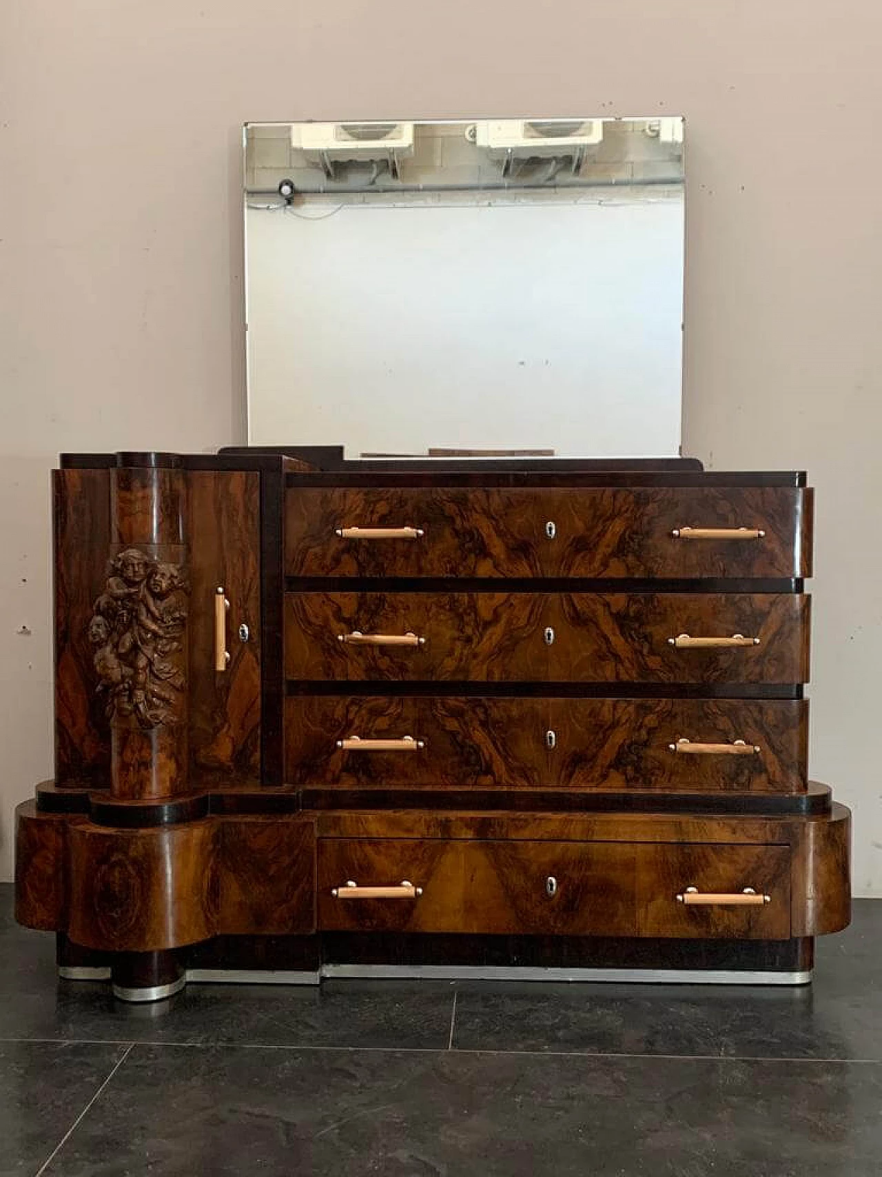 Art Deco walnut bed, nightstands, vanity table, closet and dresser by Ducrot, 1920s 1224398