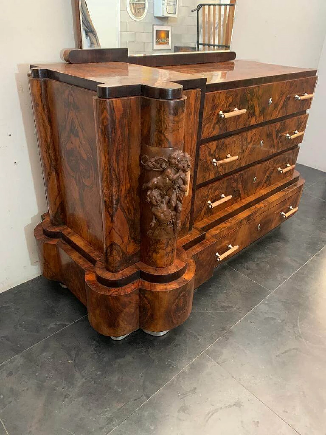 Art Deco walnut bed, nightstands, vanity table, closet and dresser by Ducrot, 1920s 1224399