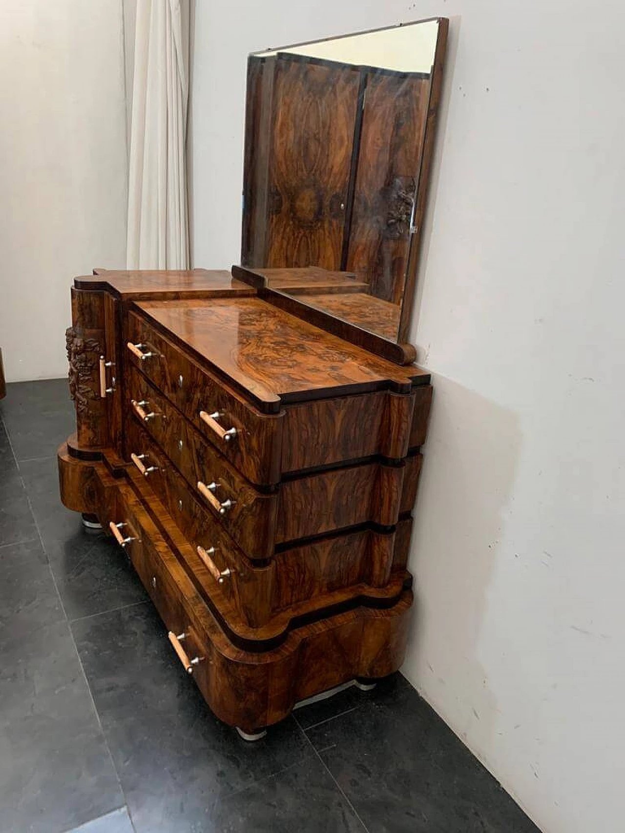 Art Deco walnut bed, nightstands, vanity table, closet and dresser by Ducrot, 1920s 1224400