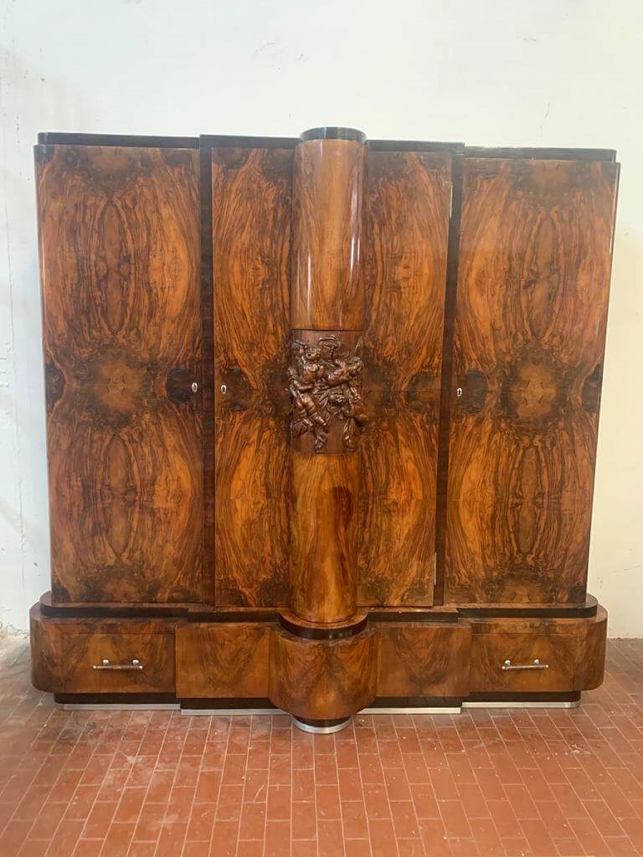 Art Deco walnut bed, nightstands, vanity table, closet and dresser by Ducrot, 1920s 1224403