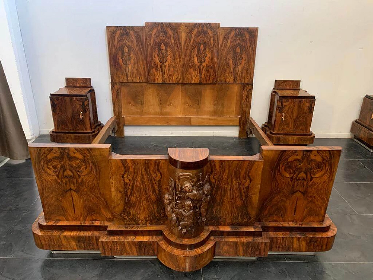 Art Deco walnut bed and pair of bedside tables by Ducrot, 1920s 1224431