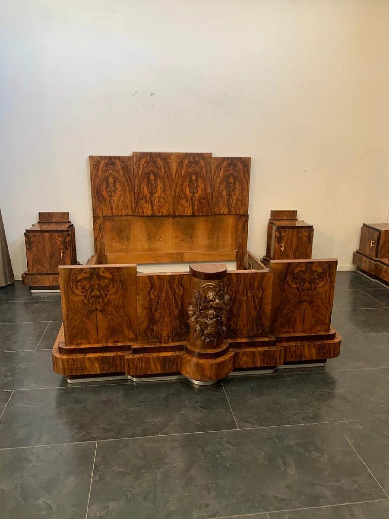 Art Deco walnut bed and pair of bedside tables by Ducrot, 1920s 1224432