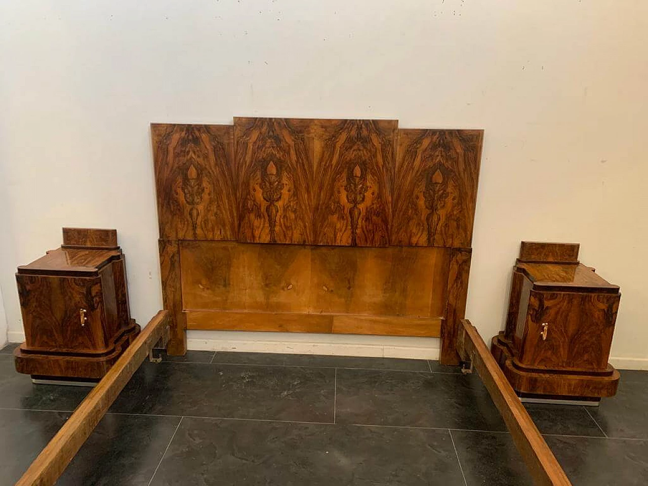 Art Deco walnut bed and pair of bedside tables by Ducrot, 1920s 1224434