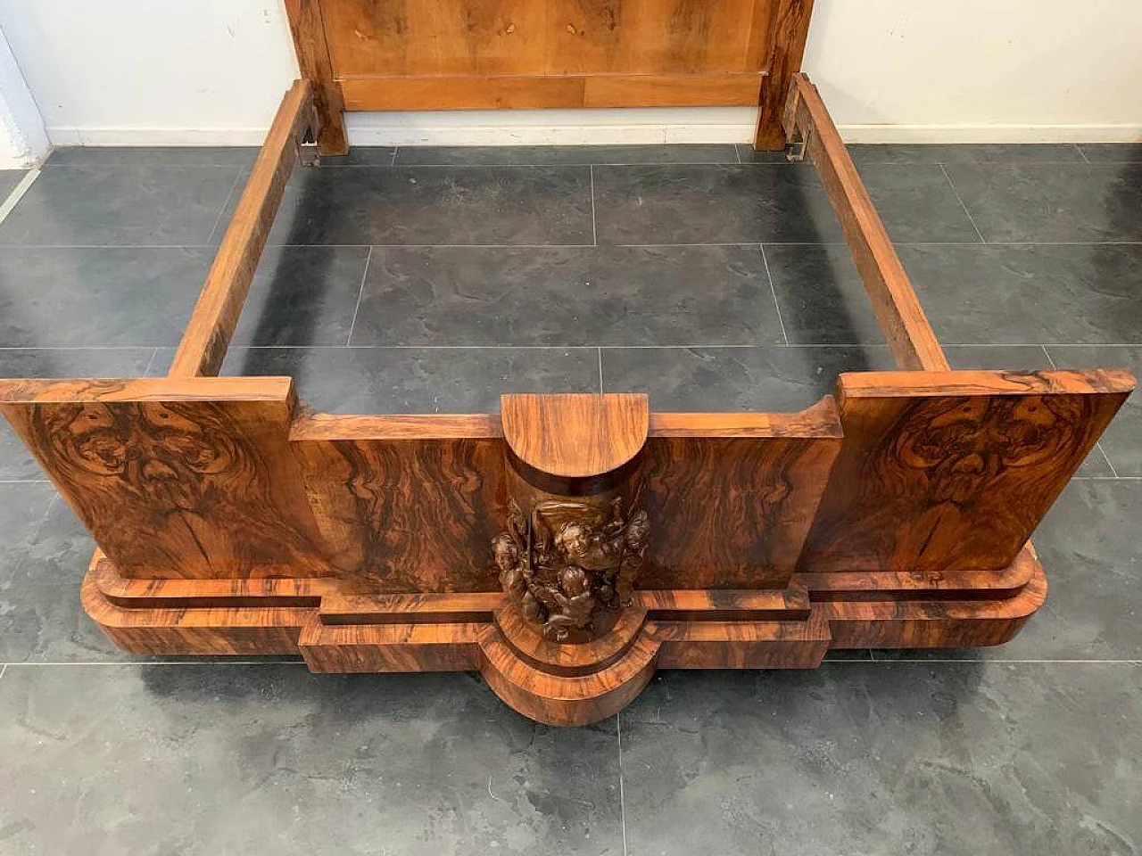Art Deco walnut bed and pair of bedside tables by Ducrot, 1920s 1224435