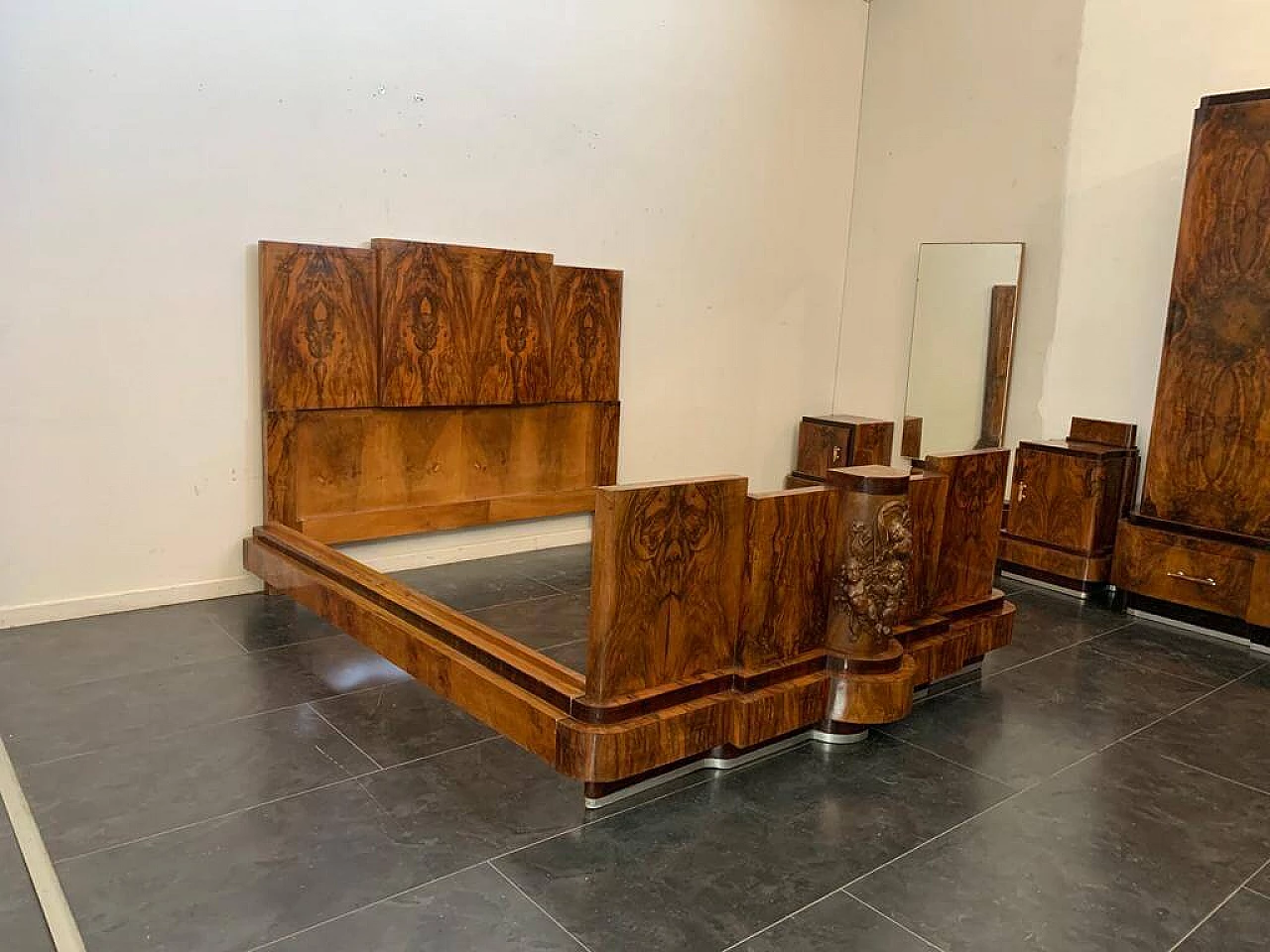 Art Deco walnut bed and pair of bedside tables by Ducrot, 1920s 1224436