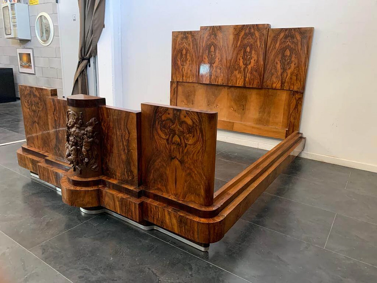 Art Deco walnut bed and pair of bedside tables by Ducrot, 1920s 1224437