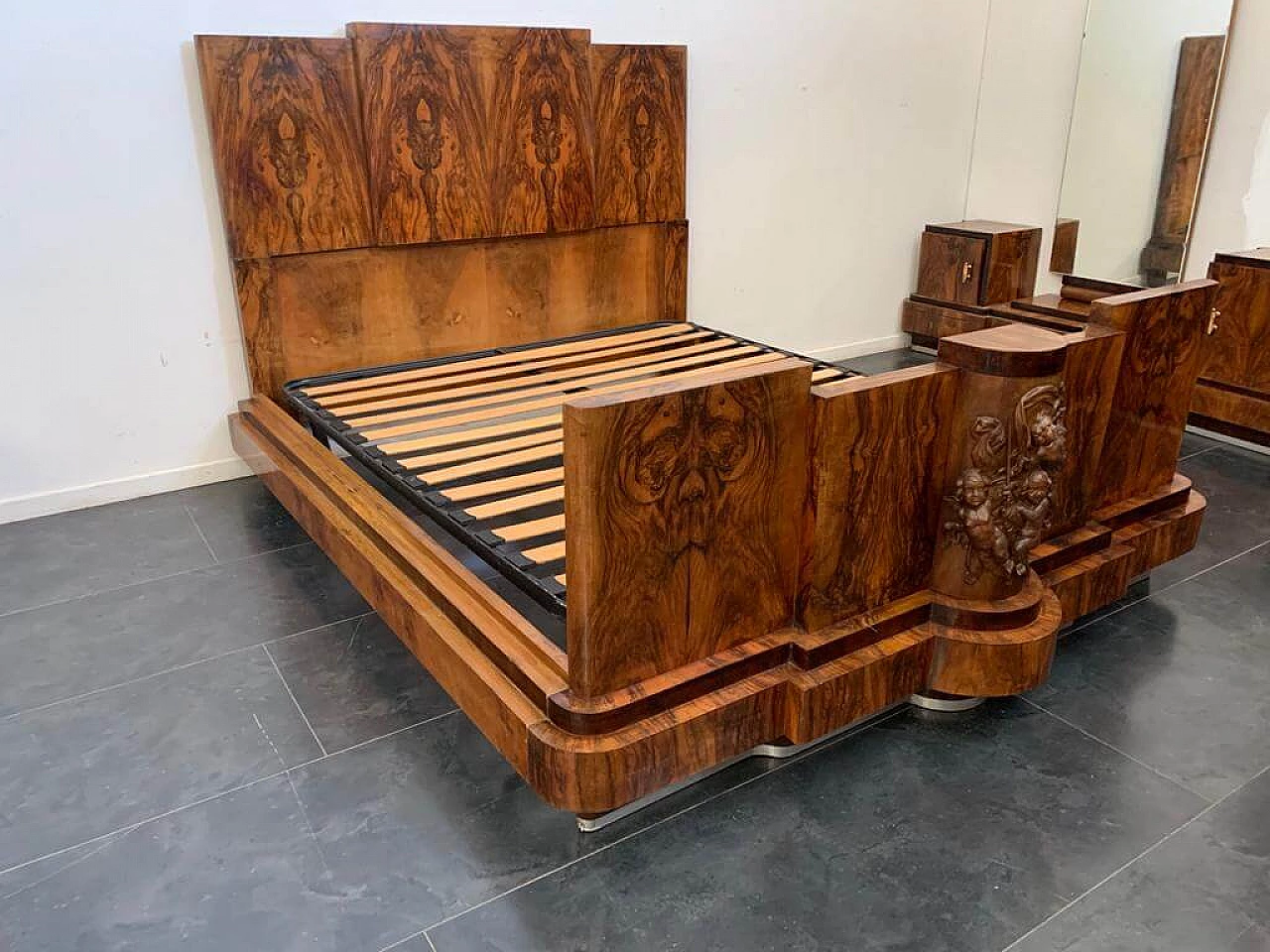 Art Deco walnut bed and pair of bedside tables by Ducrot, 1920s 1224438