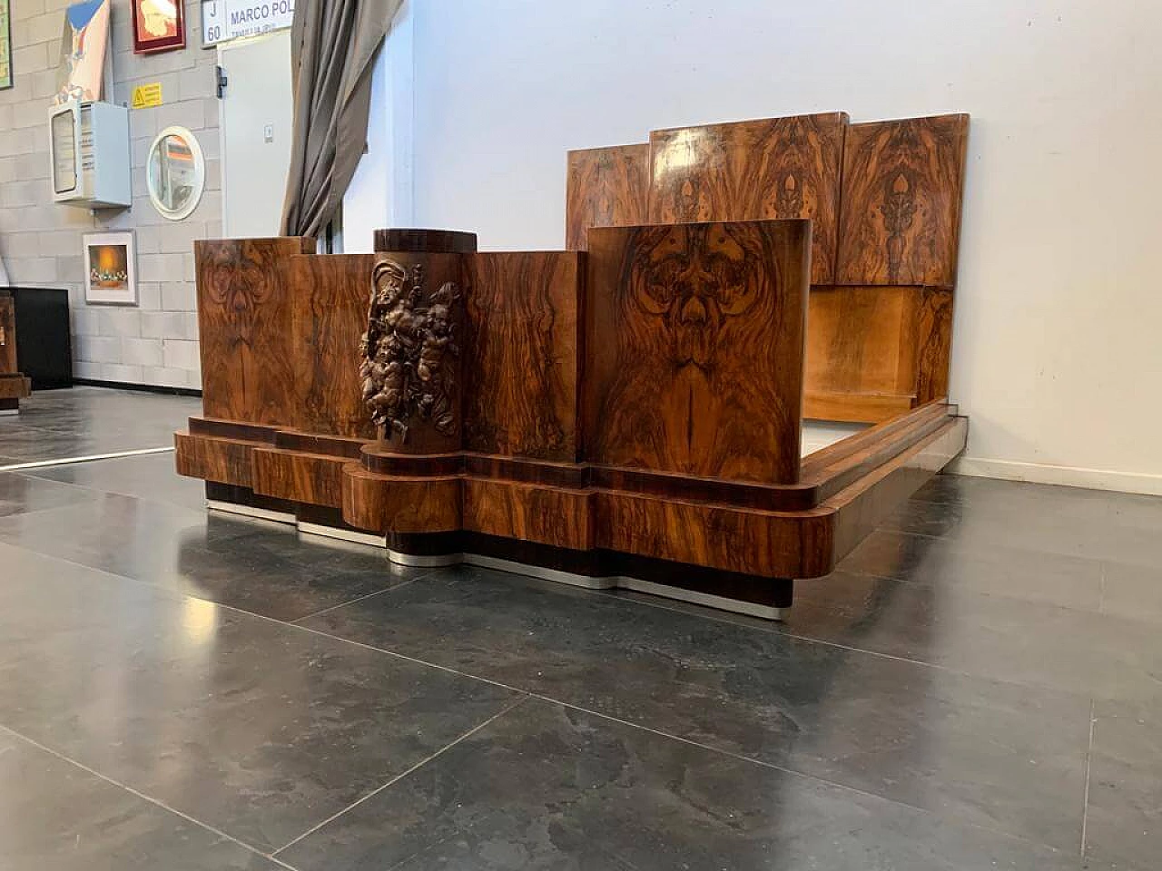 Art Deco walnut bed and pair of bedside tables by Ducrot, 1920s 1224439