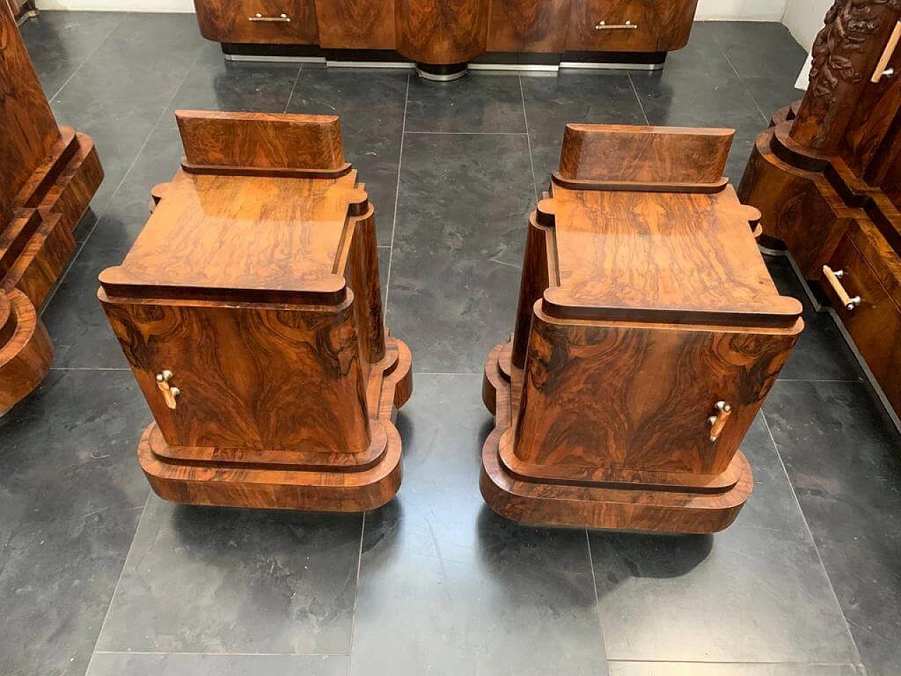Art Deco walnut bed and pair of bedside tables by Ducrot, 1920s 1224442