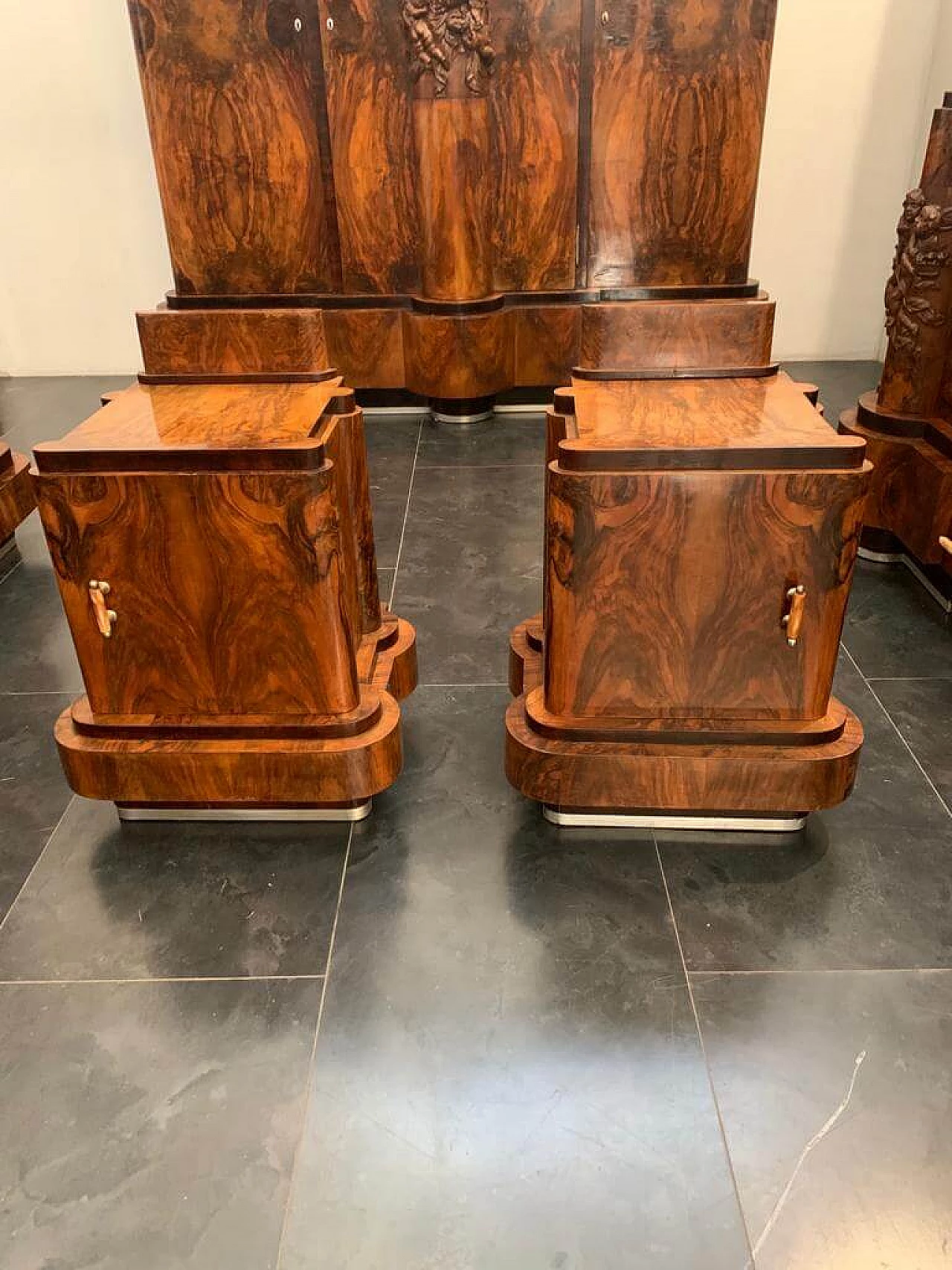 Art Deco walnut bed and pair of bedside tables by Ducrot, 1920s 1224443