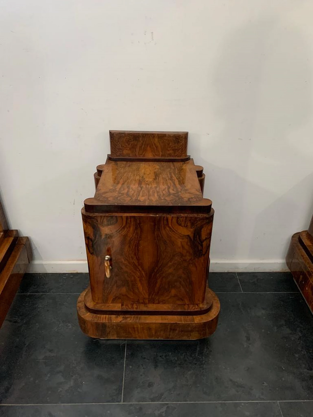 Art Deco walnut bed and pair of bedside tables by Ducrot, 1920s 1224444