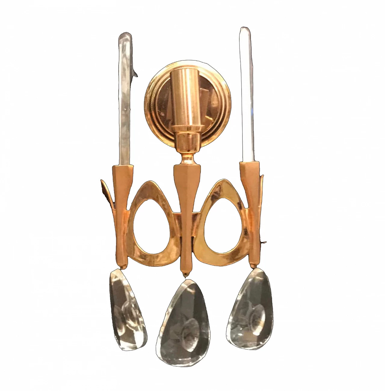 Pair of wall lamps in gilded metal and crystal attributed to Gaetano Sciolari, 70s 1224776