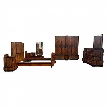 Letto, comodini, toeletta, armadio e cassettiera Art Déco in noce di Ducrot, anni '20