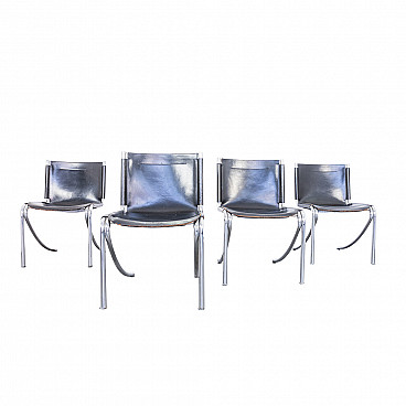 Set of 4 Jot chairs by Giotto Stoppino for Acerbis in leather and metal, 70s