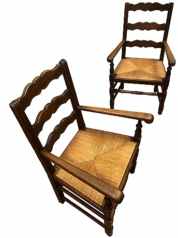 Pair of armchairs carved in oak wood with original intertwined straw sitting, Louis XIII style, 19th century