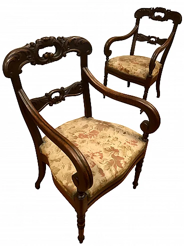 Pair of Charles X Piedmontese armchairs carved in walnut with moved backrest and armrests, beginning 19th century