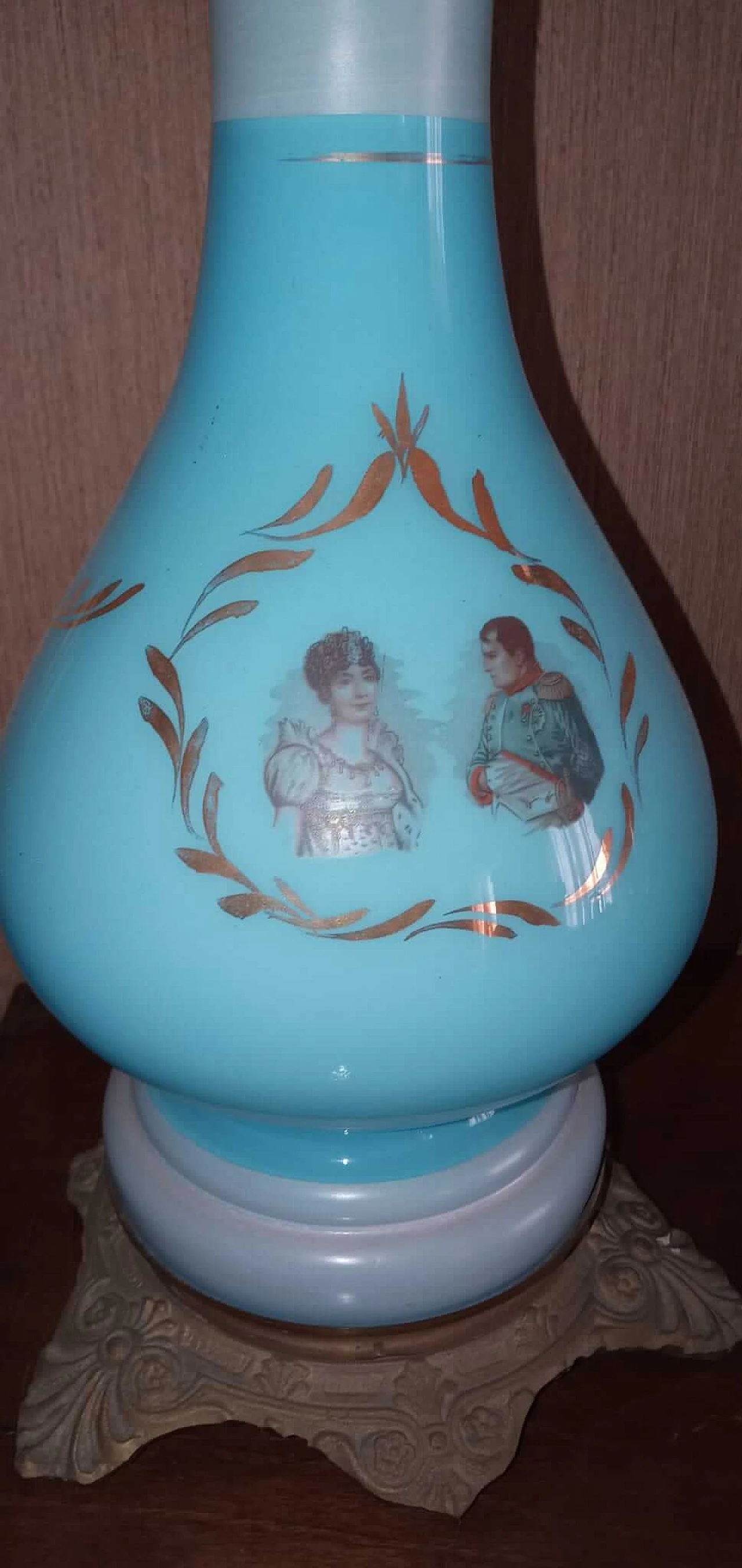 3 Lampade ad olio in vetro opalino celeste, primi del '900 1225765