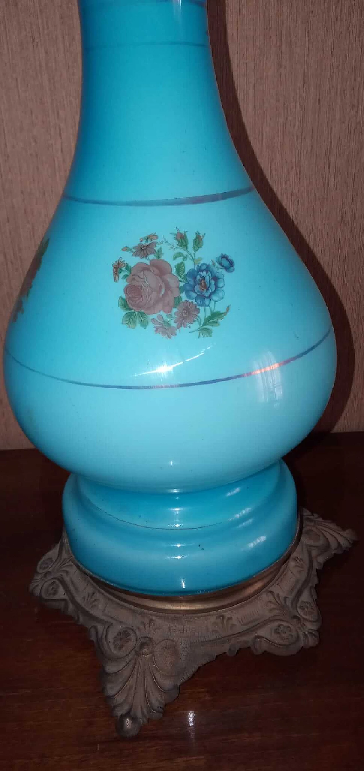 3 Lampade ad olio in vetro opalino celeste, primi del '900 1225772