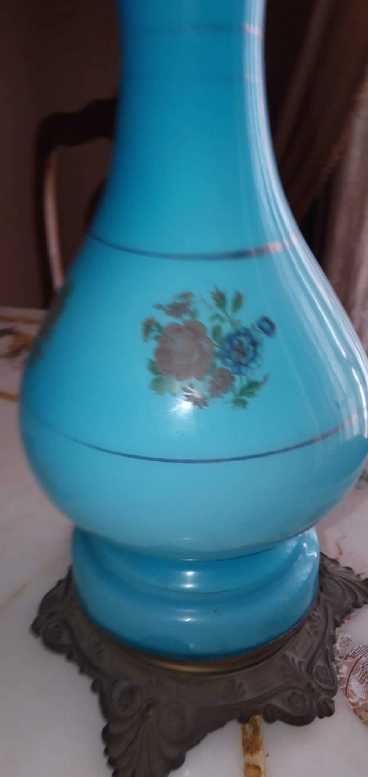 3 Lampade ad olio in vetro opalino celeste, primi del '900 1225775