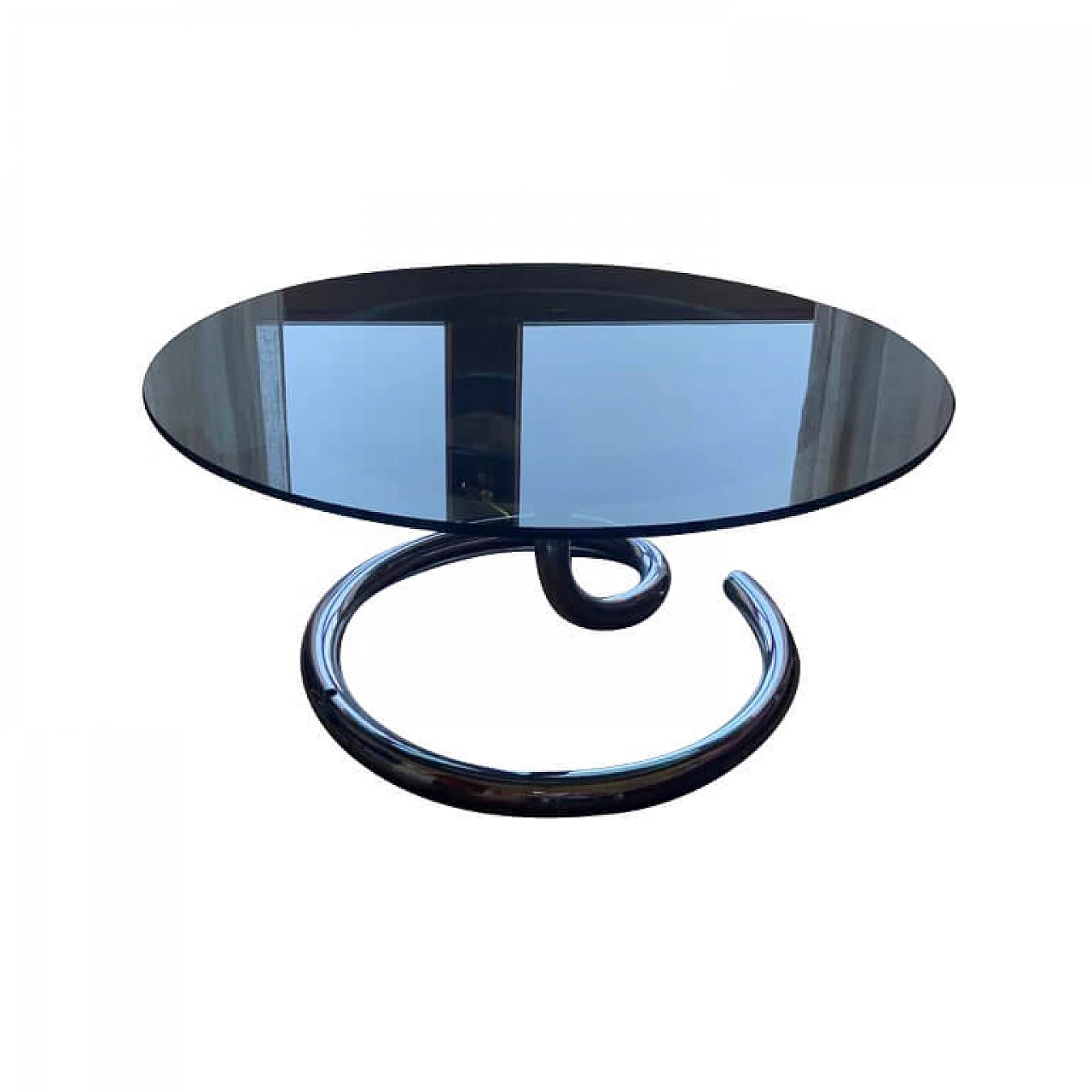 Round coffee table with steel leg and smoked crystal top, 70s 1225872