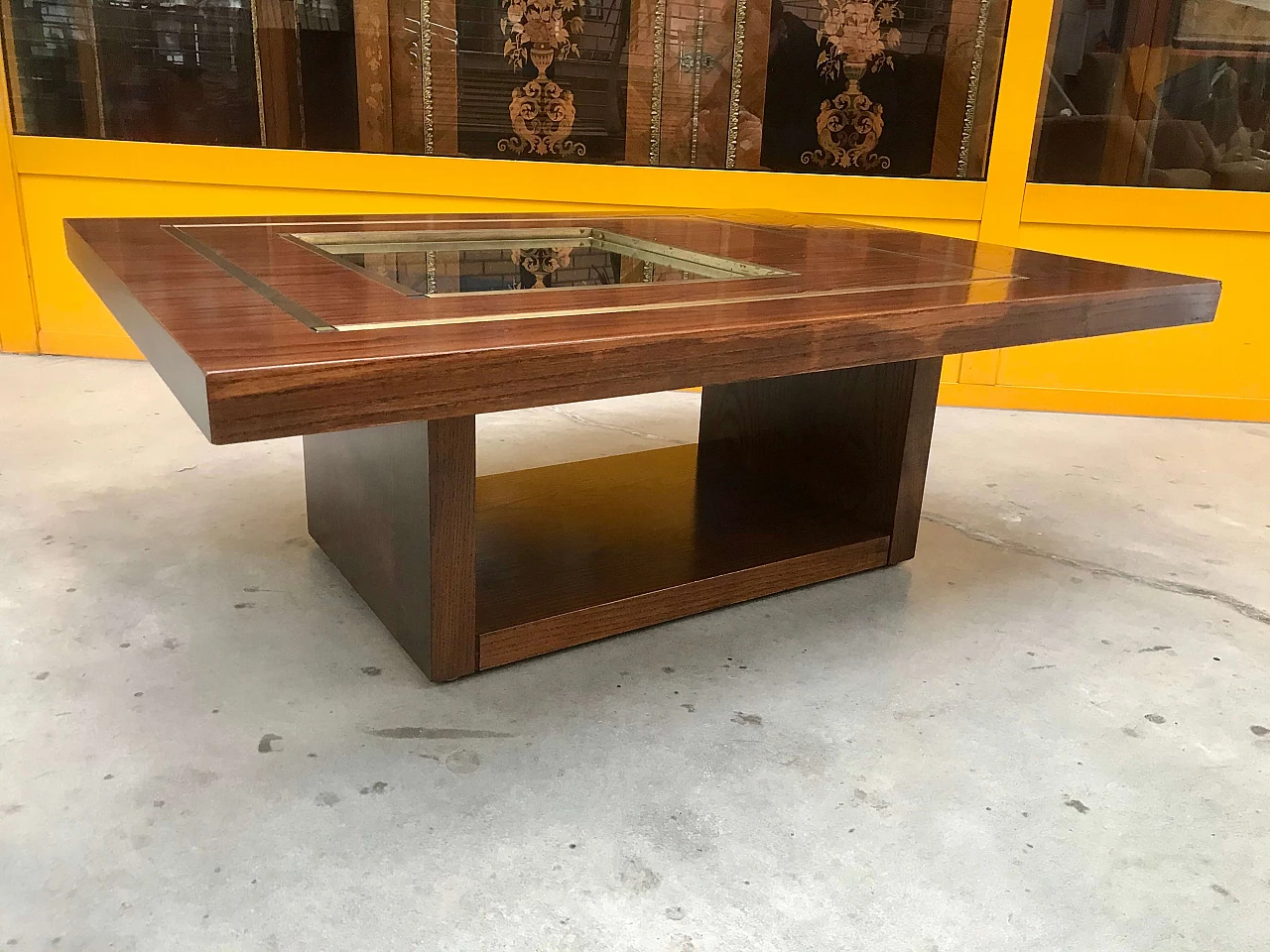 Coffee table in Willy Rizzo style in oak wood with mirror and brass profiles, original 70s 1226018