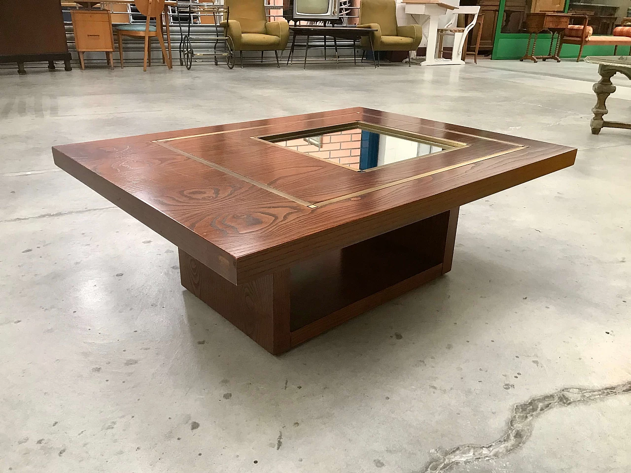Coffee table in Willy Rizzo style in oak wood with mirror and brass profiles, original 70s 1226024