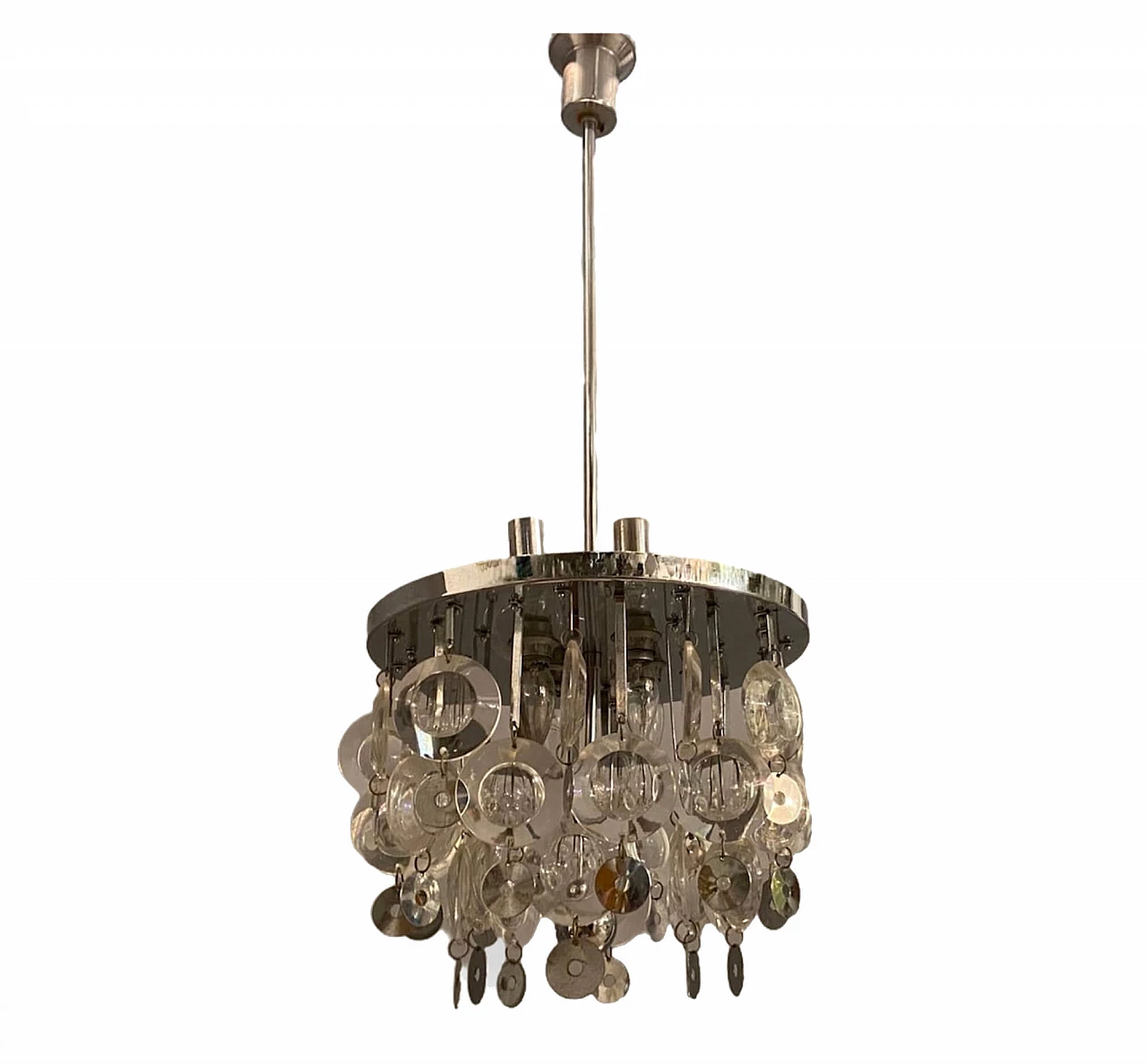 Chandelier in glass and chromed metal discs by Oscar Torlasco, 70s 1226055