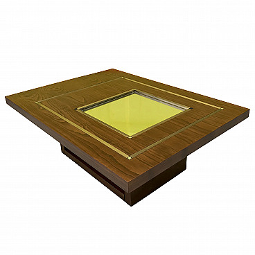 Coffee table in Willy Rizzo style in oak wood with mirror and brass profiles, original 70s