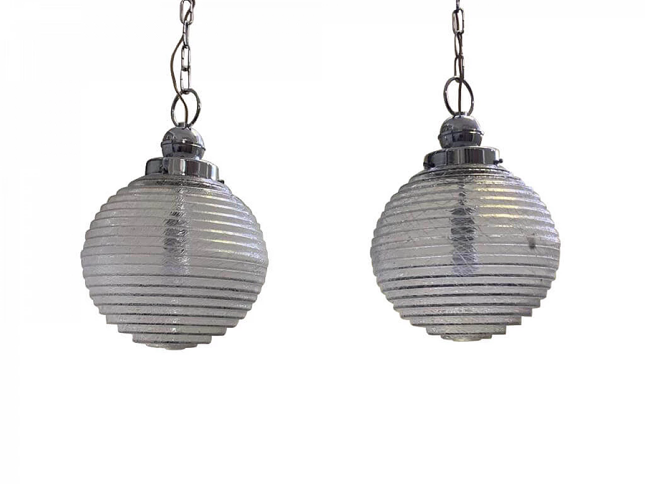 Pair of ball ceiling lamp with multi-strands engraving effect, 70s 1226142