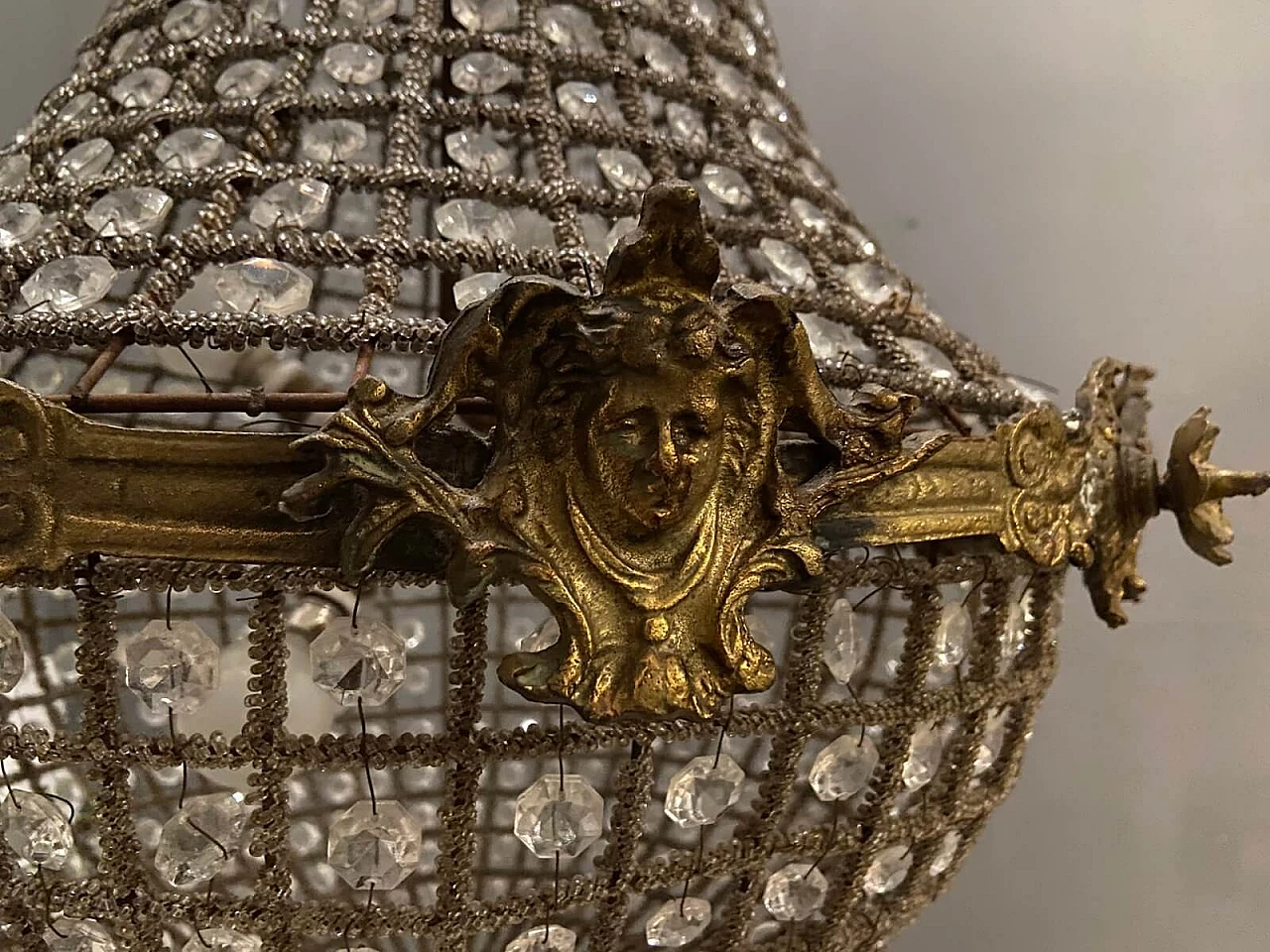 Pair of big chandeliers with crystal beads, 60s 1226342