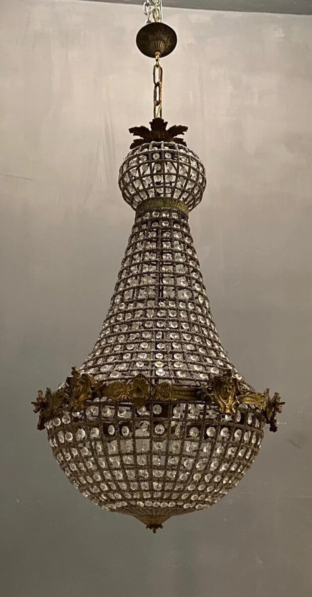 Pair of big chandeliers with crystal beads, 60s 1226346