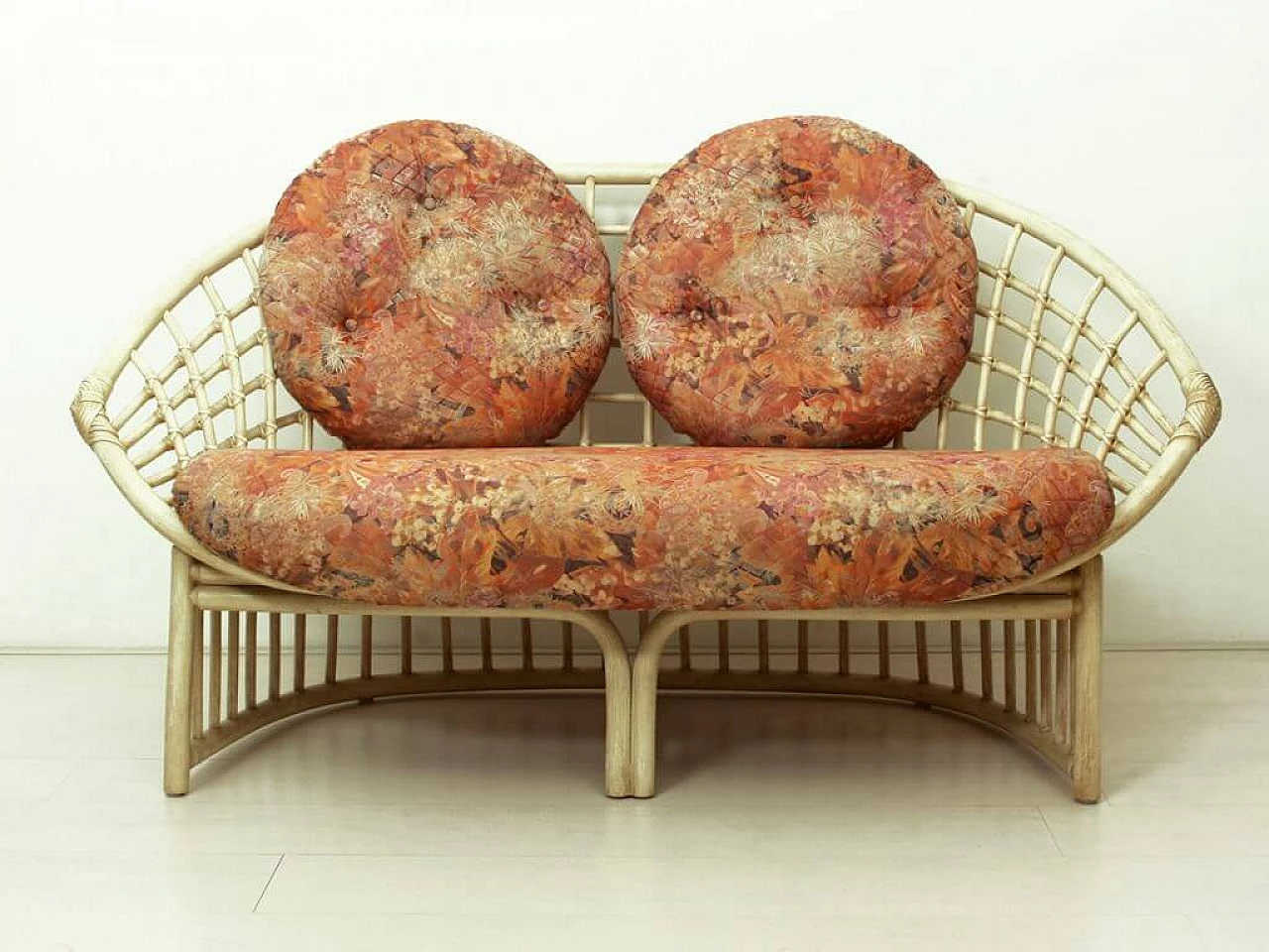 2-seater sofa in rattan and multicolored fabric by Flechtatelier Schütz, 70s 1227642