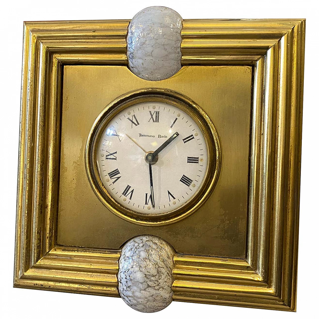 Table clock in brass and Murano glass by Tommaso Barbi, 70s 1227796
