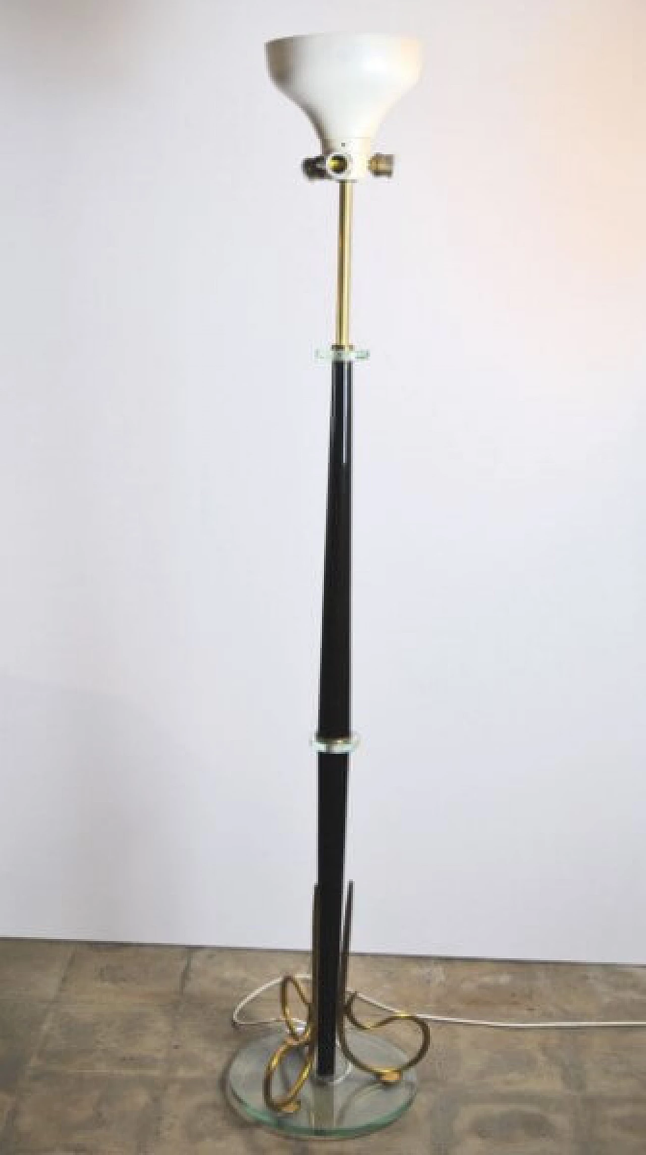 Floor lamp in aluminum, brass, glass and wood in the style of Fontana Arte, 50s 1227952