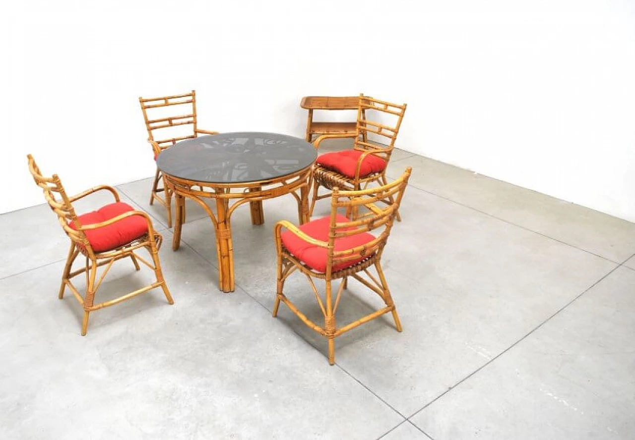 Round table in wicker and bamboo with glass top in the style of Bonacina, 60s 1228004