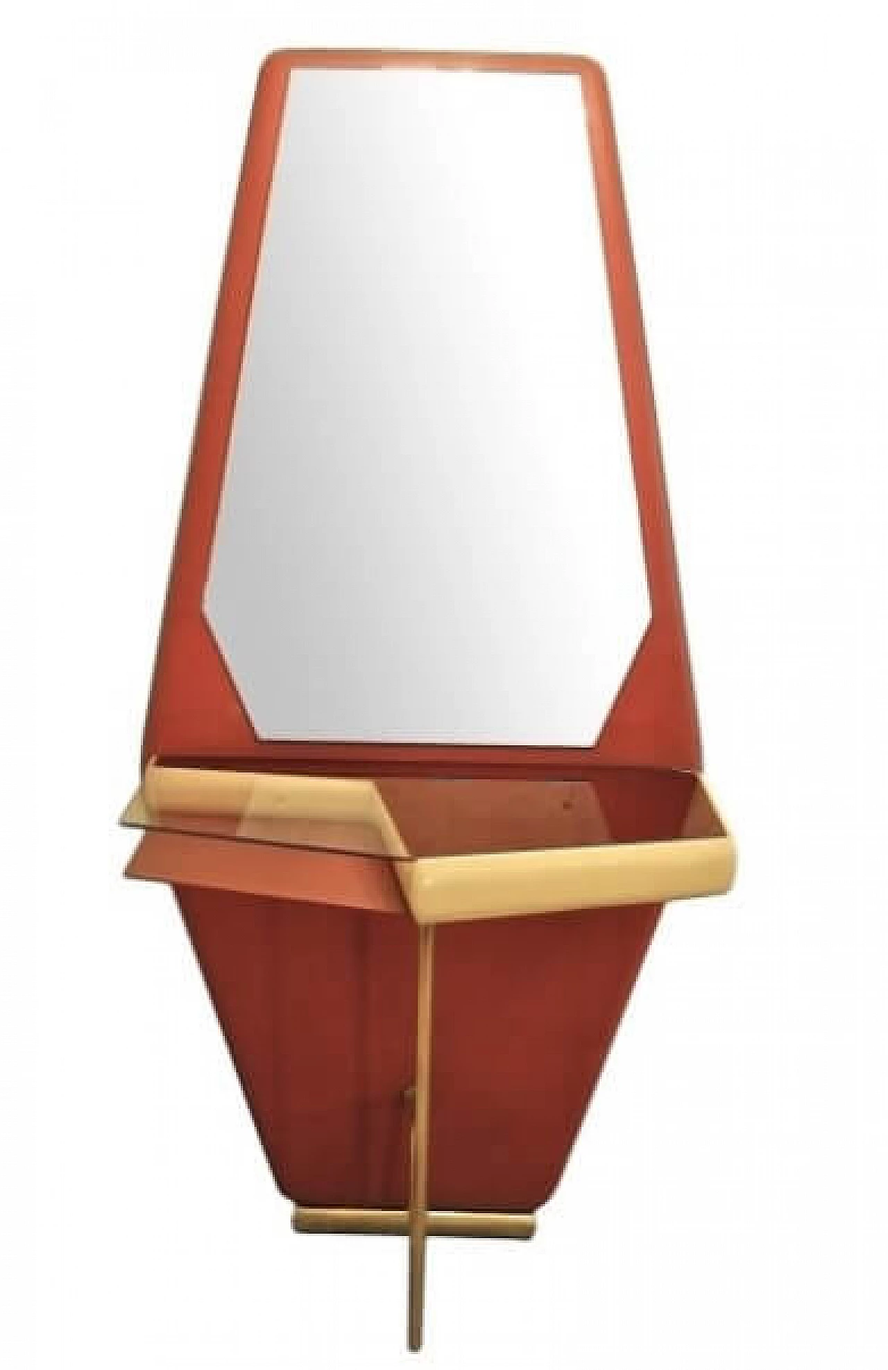 Consolle con specchio in ottone e legno, anni '60 1228029