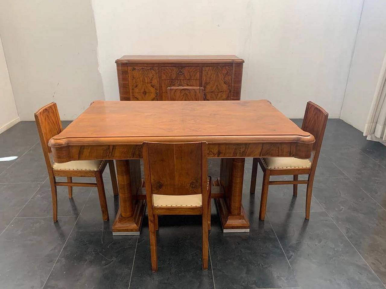Art Deco table in walnut and walnut feather with steel base, 40s 1228067