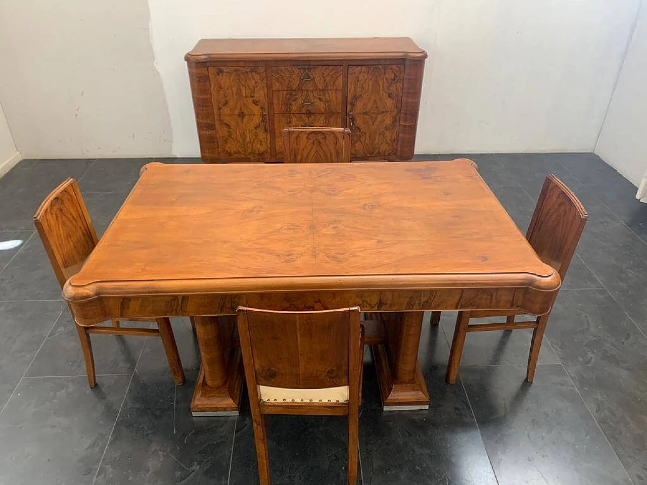 Dining room set of sideboard with mirror, table and 4 chairs in walnut and briar, 40s 1228071