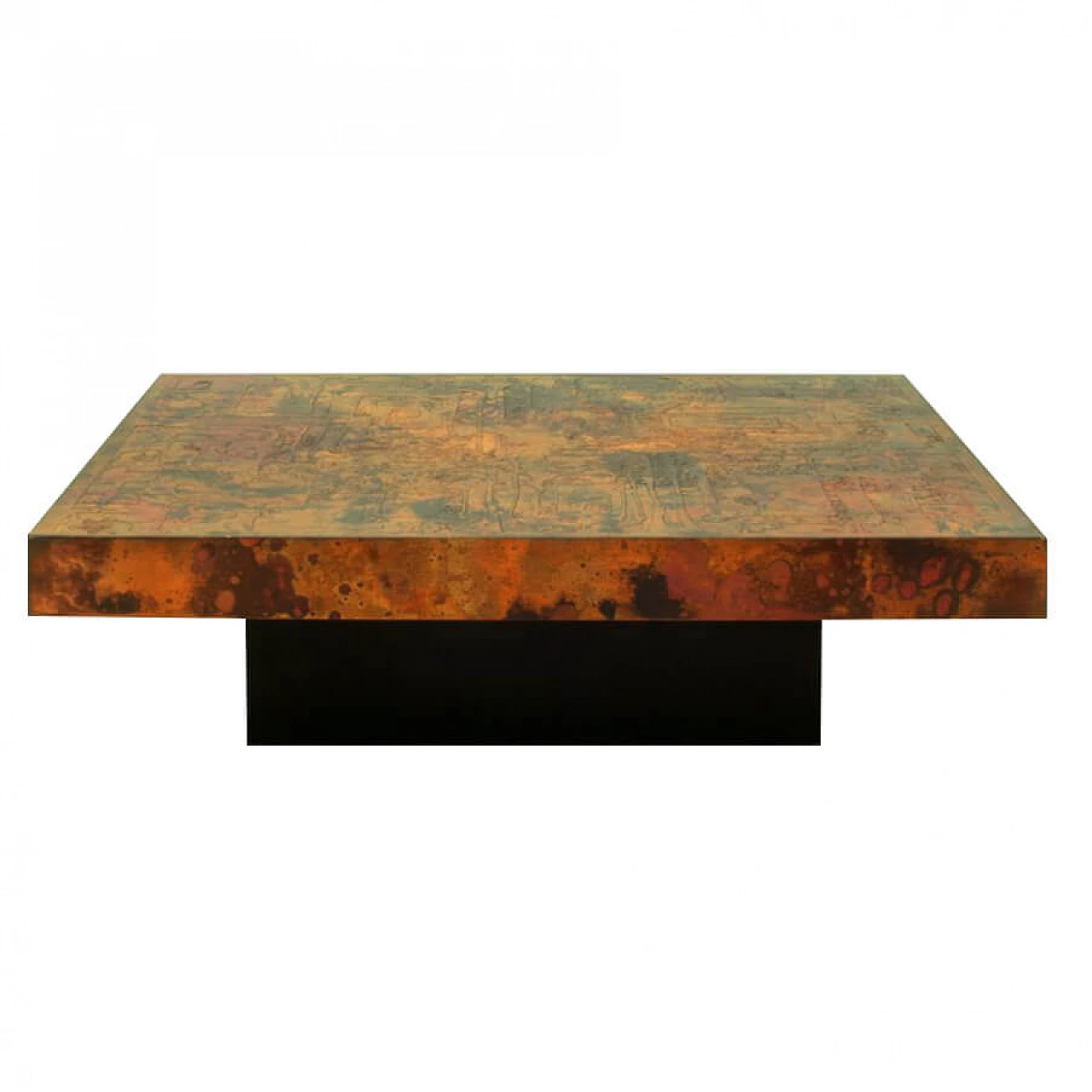 Brutalist coffee table in etched and fire oxidized copper and lacquered wood by Bernhard Rohne, 60s 1228192