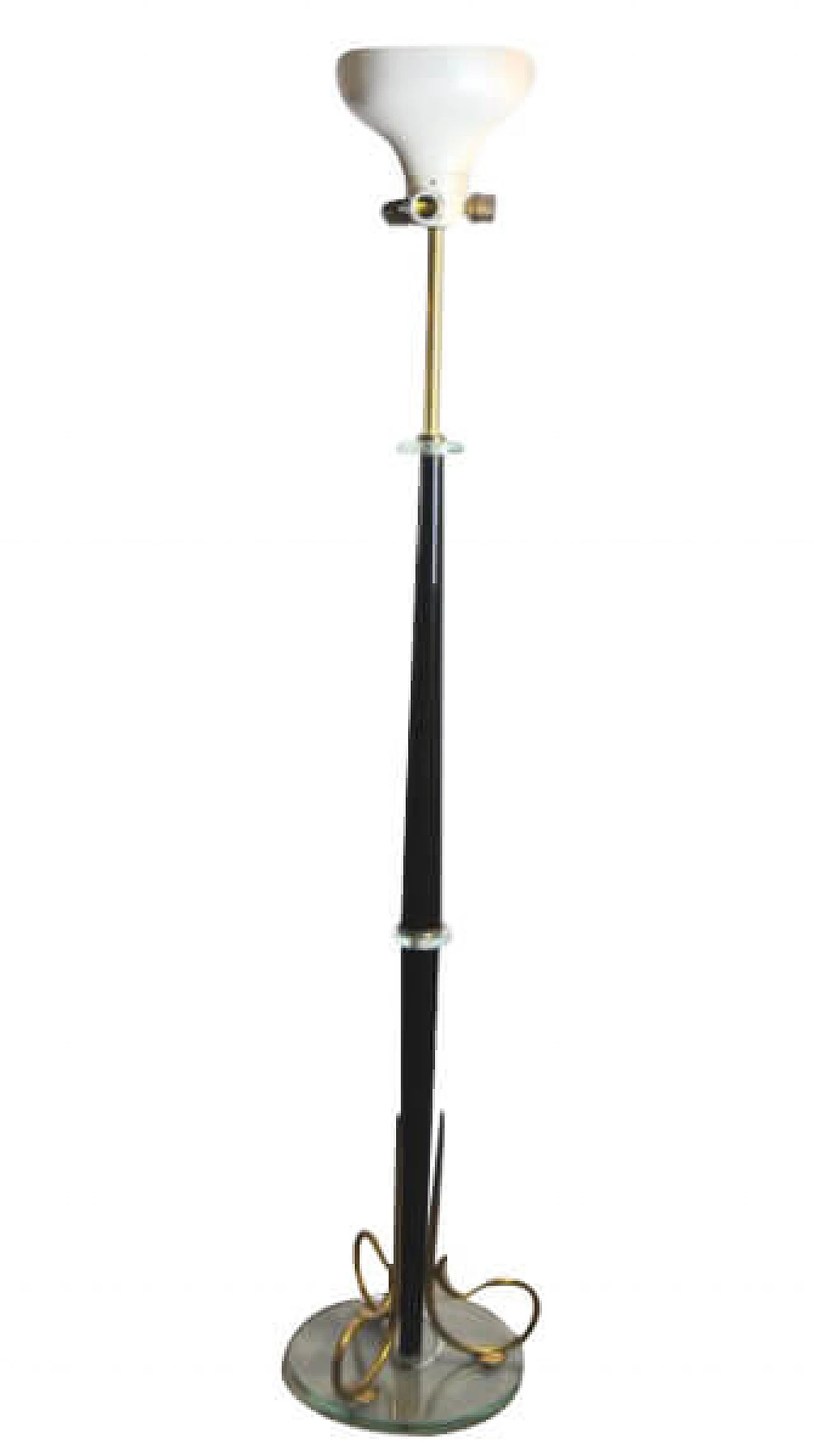 Floor lamp in aluminum, brass, glass and wood in the style of Fontana Arte, 50s 1228208